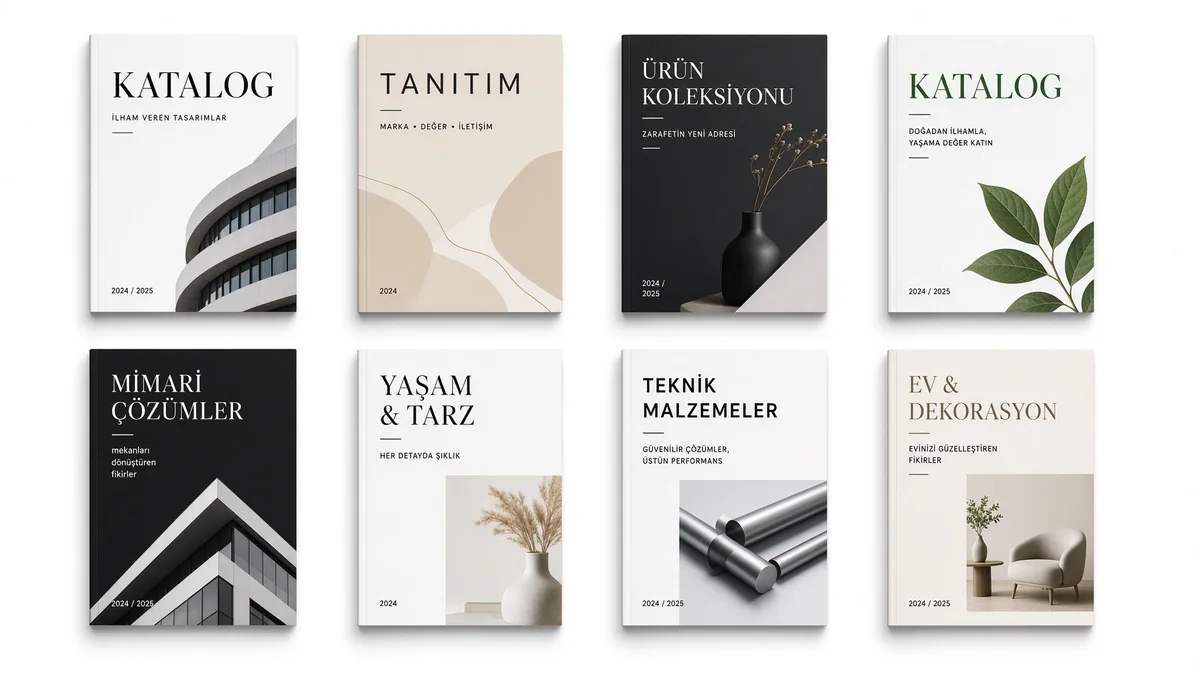 İnşaat kataloğu baskı örneği — kapak, iç sayfa ve daire plan bölümü