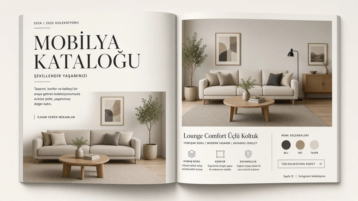 Sektöre özel katalog kapak tasarımı örnekleri — mobilya, inşaat, tekstil, kozmetik